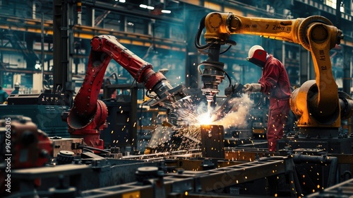 A man in a red jumpsuit is working on a machine in a factory