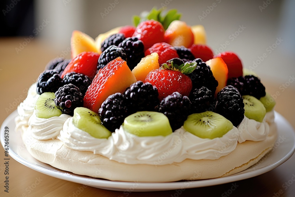 Delicious meringue cake sitting on white plate topped with fresh fruit Delicious meringue cake sitting on white plate topped with fresh fruit