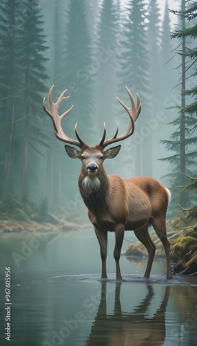 A deer in the woods with a water background