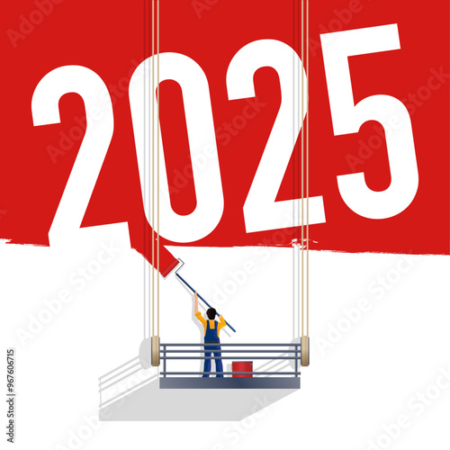 Carte de vœux pour les jeunes entreprises énergiques, avec un peintre sur son échafaudage qui peint un mur en rose vif en laissant apparaître 2025.