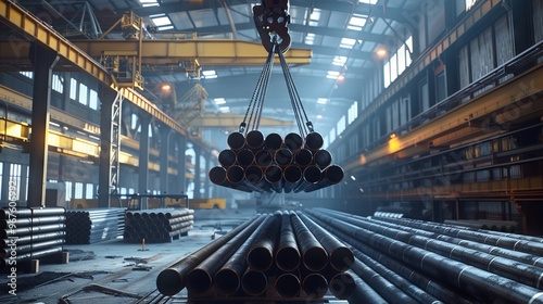 crane loading a stack of steel pipes in a metallurgical plant workshop