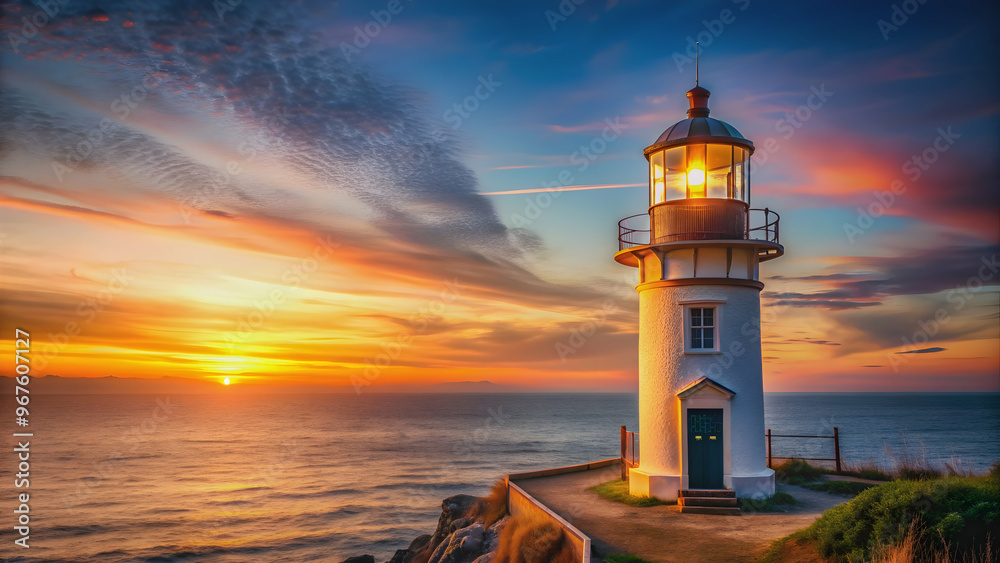 Illuminated lighthouse casting warm light at sunset, coastal, seascape, beacon, navigation, dusk, evening Illuminated lighthouse casting warm light at sunset, coastal, seascape, beacon, navigation, dusk, evening