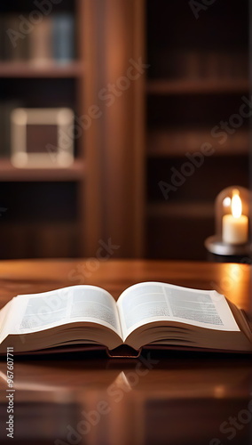 open book lies wooden table