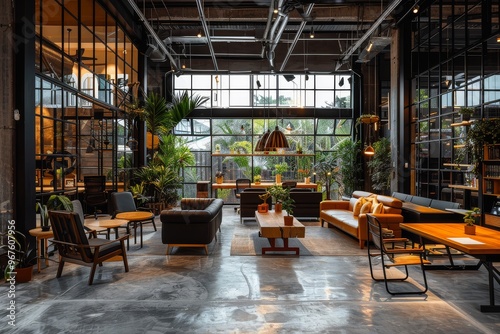 Modern office space with black metal frame, glass walls, and wood tables, decorated in dark tones with concrete floors, wooden desks, leather sofas, chairs, and potted plants, featuring high ceilings 