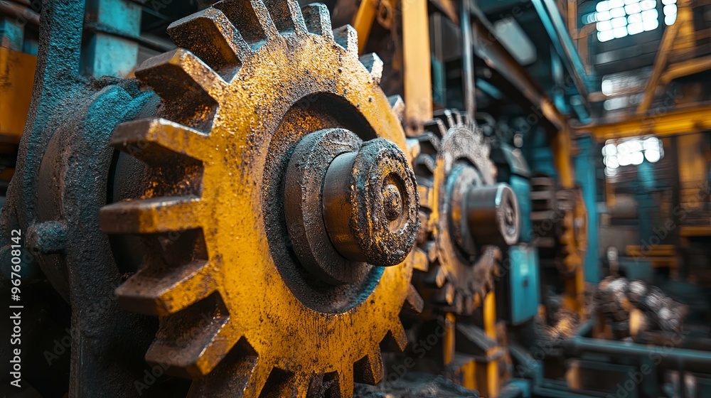 Close-up of a large, rusty, yellow gear in a factory Close-up of a large, rusty, yellow gear in a factory
