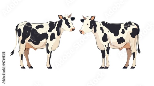 Black and White Two Adorable Cow Illustration Png Vector.