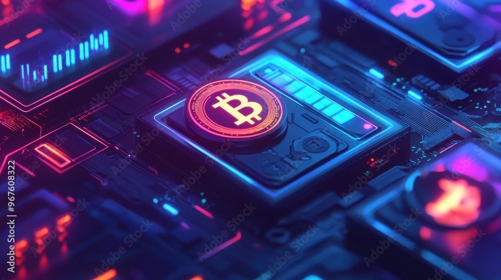 Colorful digital representation of cryptocurrency technology featuring a Bitcoin symbol on a circuit board background. Colorful digital representation of cryptocurrency technology featuring a Bitcoin symbol on a circuit board background.