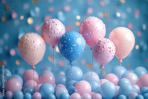 Colorful balloons surrounded by soft pastel orbs create a festive atmosphere for celebrations and parties. photo