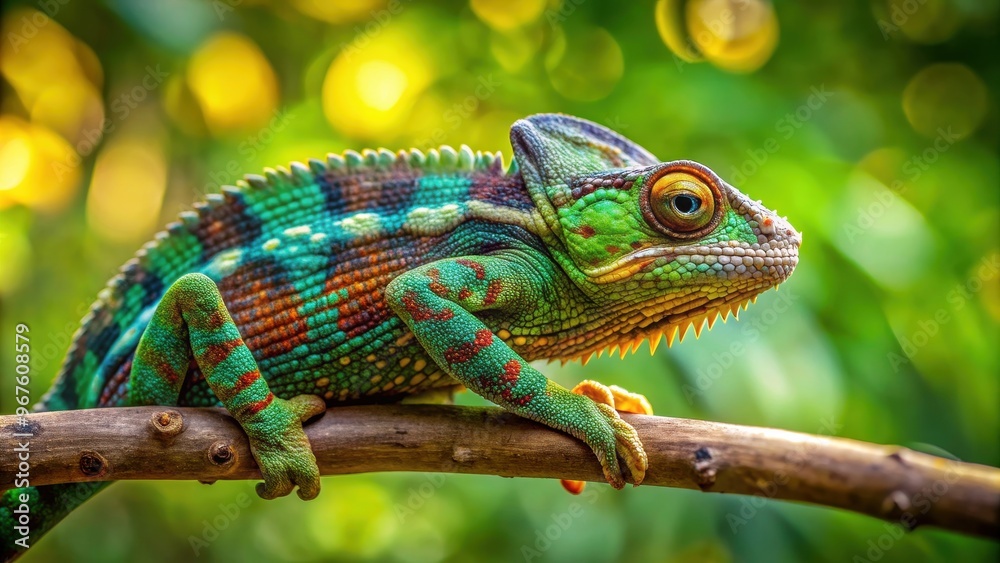 Obraz premium Chameleon camouflaged on a tree branch , reptile, wildlife, nature, camouflage, green, tree, branches, scales, lizard
