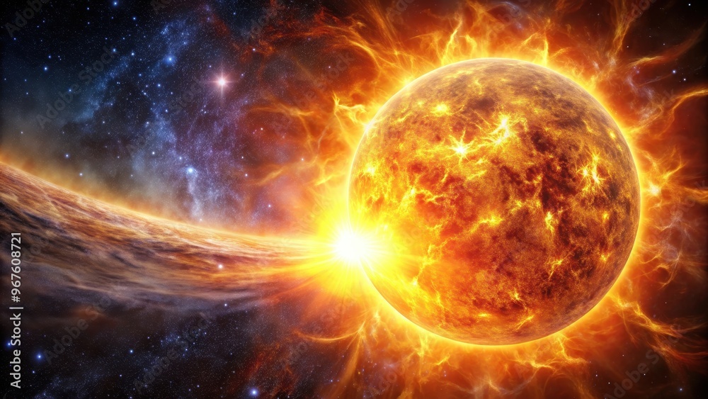 Obraz premium Solar storm creating a fiery wave of star explosion in the universe, solar storm, star explosion, universe, galaxy, space