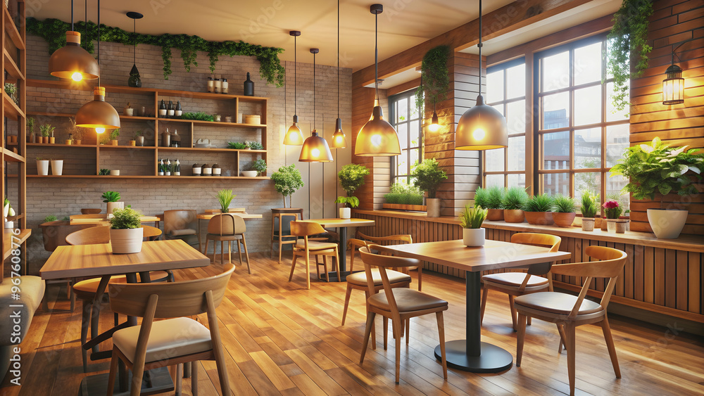 Cozy small cafe interior with wooden furniture and warm lighting, local, coffee shop, cozy, small, cafe, interior Cozy small cafe interior with wooden furniture and warm lighting, local, coffee shop, cozy, small, cafe, interior