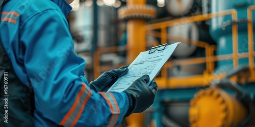 industrial worker hand during verify on chemical and hazard material checklist