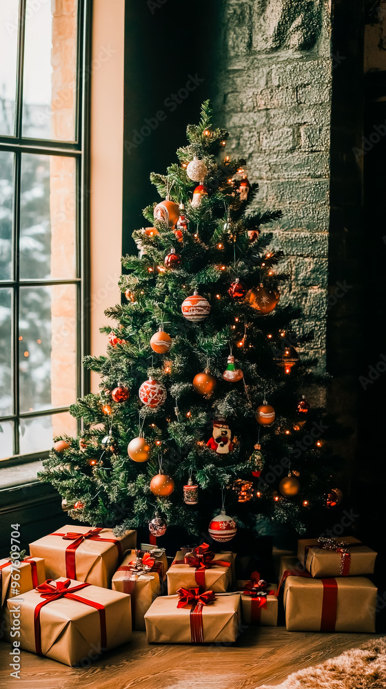 Obraz premium Decorated Christmas tree with presents under it in front of a window.
