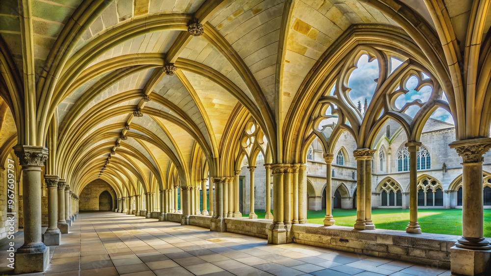 Gothic-style Chichester Cathedral cloisters with arched walkways and stone columns, Chichester, Cathedral, Cloisters Gothic-style Chichester Cathedral cloisters with arched walkways and stone columns, Chichester, Cathedral, Cloisters