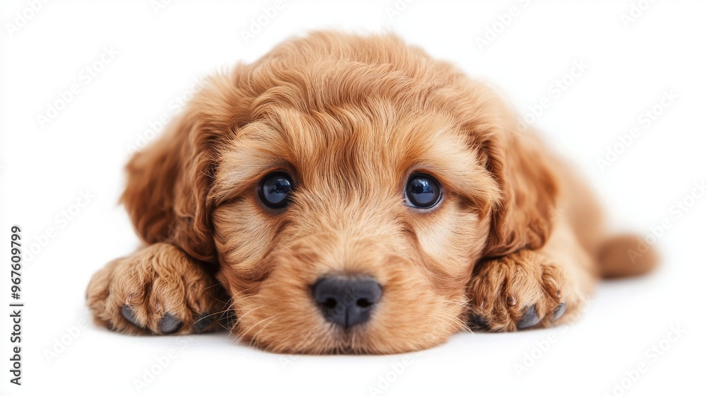 The dog puppy is cute and lays down sideways looking toward the camera with shiny dark eyes. There is a pink tongue sticking out of his mouth. Isolated on a white background. The dog puppy is cute and lays down sideways looking toward the camera with shiny dark eyes. There is a pink tongue sticking out of his mouth. Isolated on a white background.