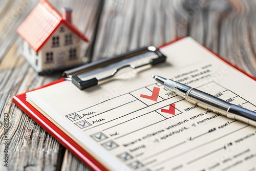 checklist with red checkmark next to model house and pen on clipboard