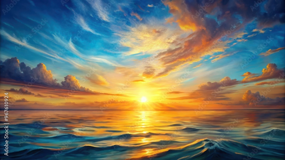 Obraz premium Abstract painting of sun setting over tranquil sea, abstract, painting, sun, setting, tranquil, sea, ocean, water, colorful