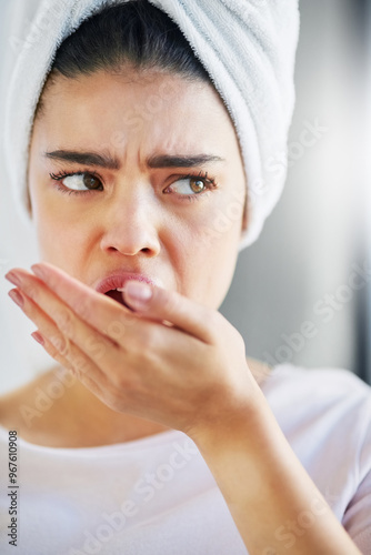 Bild auf Leinwand Dental, woman and check bad breath with hand for health or disgust for halitosis in home bathroom