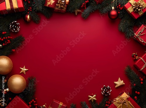 Christmas red background with garland, gifts, and confetti on the right side, space for text, top view.