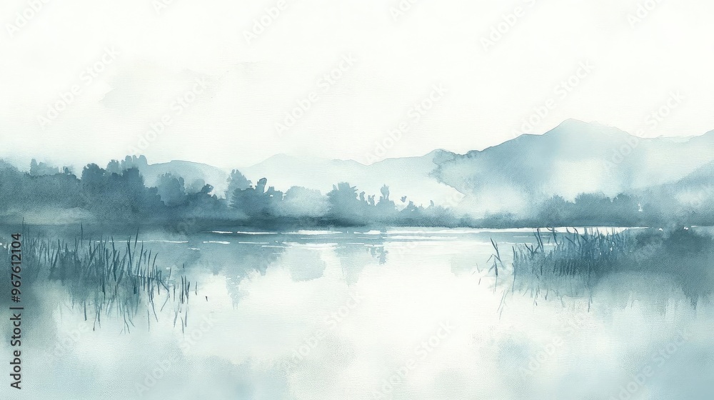 Serene watercolor landscape with soft hues, reflecting mountains and calm water in a tranquil natural setting. Serene watercolor landscape with soft hues, reflecting mountains and calm water in a tranquil natural setting.