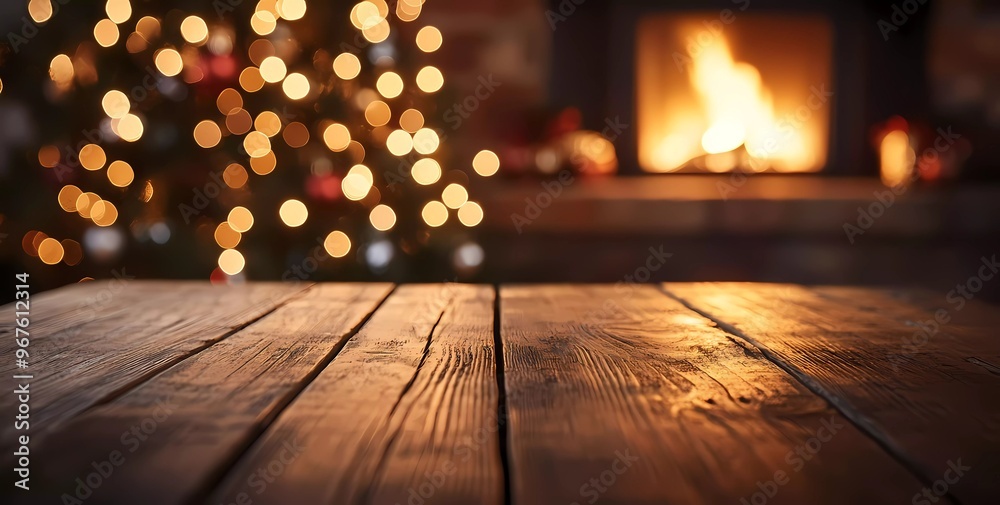 Empty wooden table top with a blurred background of a cozy Christmas interior in warm light, with a bokeh and glowing lights effect. Empty wooden table top with a blurred background of a cozy Christmas interior in warm light, with a bokeh and glowing lights effect.