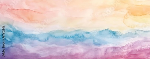 Beautiful watercolor landscape with soft pastel colors blending seamlessly, creating a serene and tranquil atmosphere.