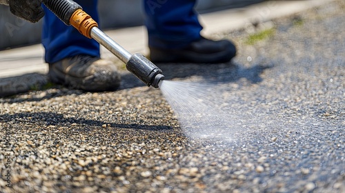 Person Using a Pressure Washer to Clean a Gravel Path