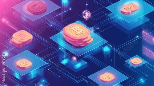 Digital coins in a futuristic network, illustrating cryptocurrency technology and blockchain innovation with vibrant color effects. photo