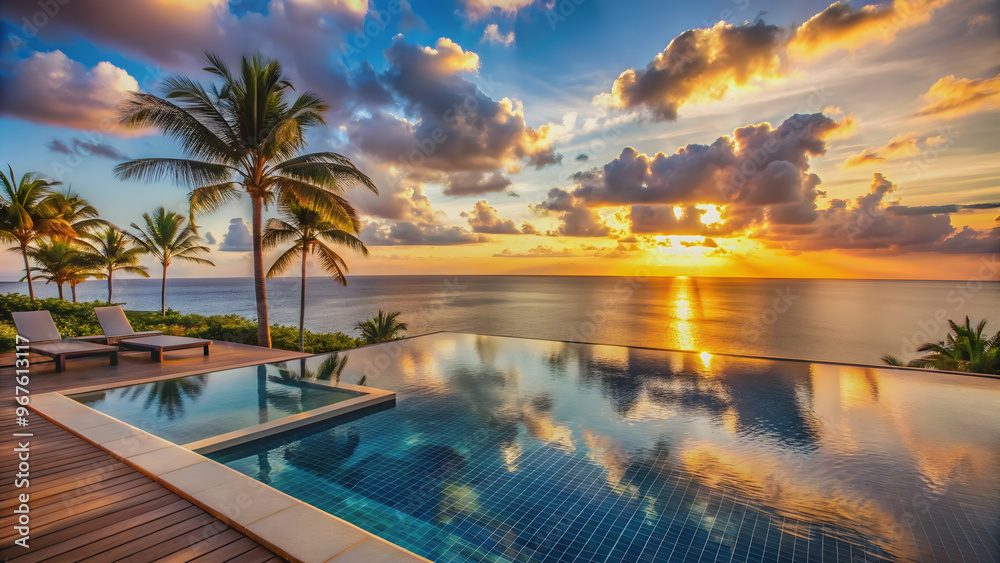 Fototapeta premium Infinity pool in the luxurious resort overlooking the ocean at sunset, resort, pool, sunset, infinity, luxury, relaxation, travel