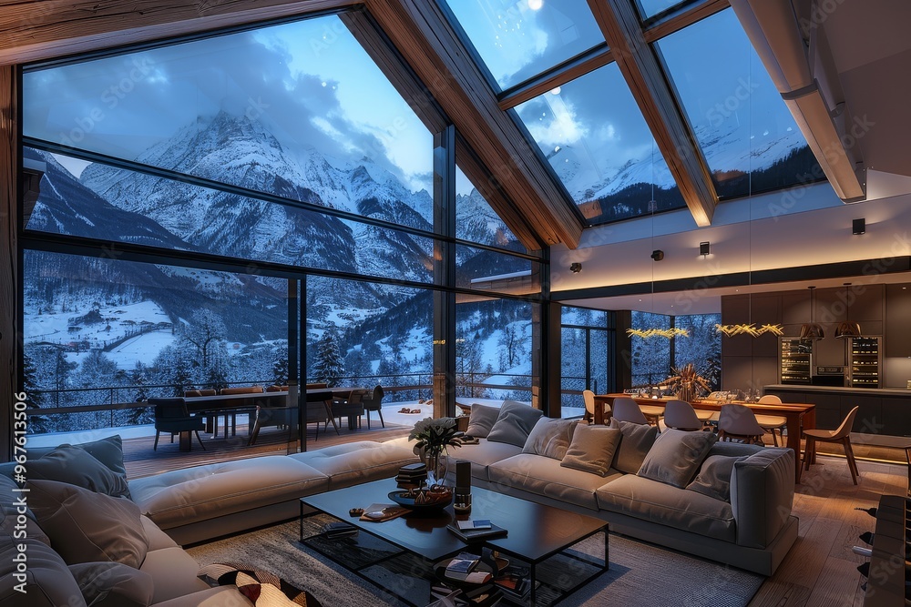 Modern living room with dining area in a luxury mountain chalet, featuring large windows and skylights with views of snowy mountains in evening light.