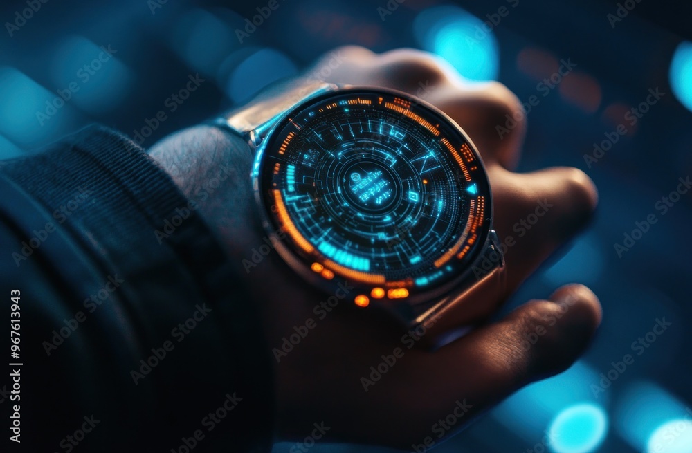 Futuristic Smartwatch on a Wrist with Blue Lights Futuristic Smartwatch on a Wrist with Blue Lights