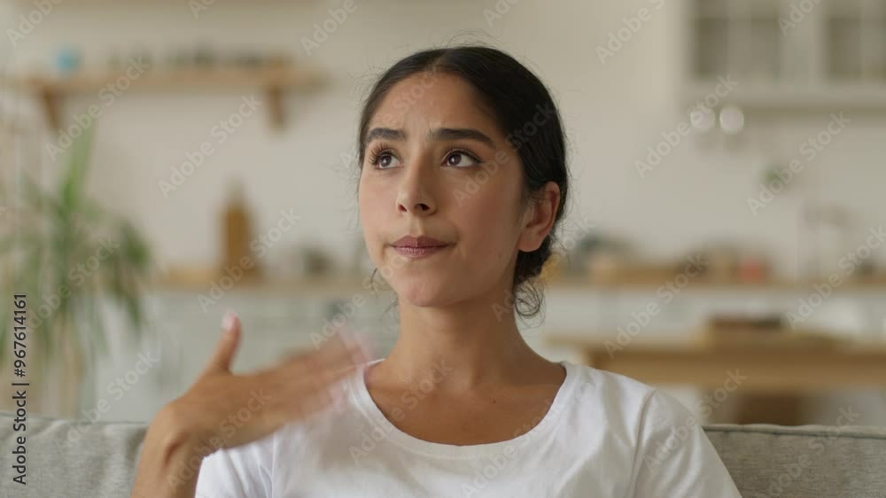 Overheated Indian woman at home wave hand refresh tired cool with arms unhappy sweaty Arabian lady girl female suffer of high temperature problem feel sweat hot without air conditioner climate control Overheated Indian woman at home wave hand refresh tired cool with arms unhappy sweaty Arabian lady girl female suffer of high temperature problem feel sweat hot without air conditioner climate control
