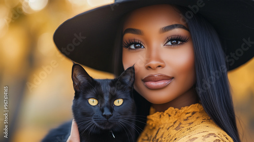 Young African American Black Woman in Witch Costume, Black Hat, Straight Hair, Smiling for Halloween and Autumn Season.