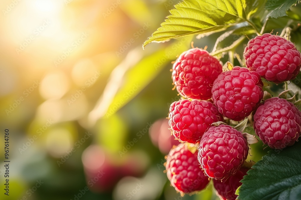 Fresh raspberries on bush in sunshine Fresh raspberries on bush in sunshine
