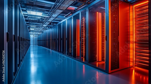 Illuminated Server Room with Red and Blue Lighting photo