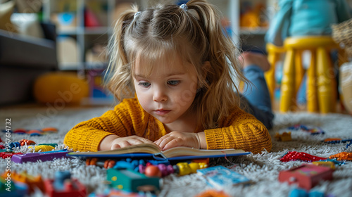 a child lies on his stomach on a carpet with an open book in front of him in a library