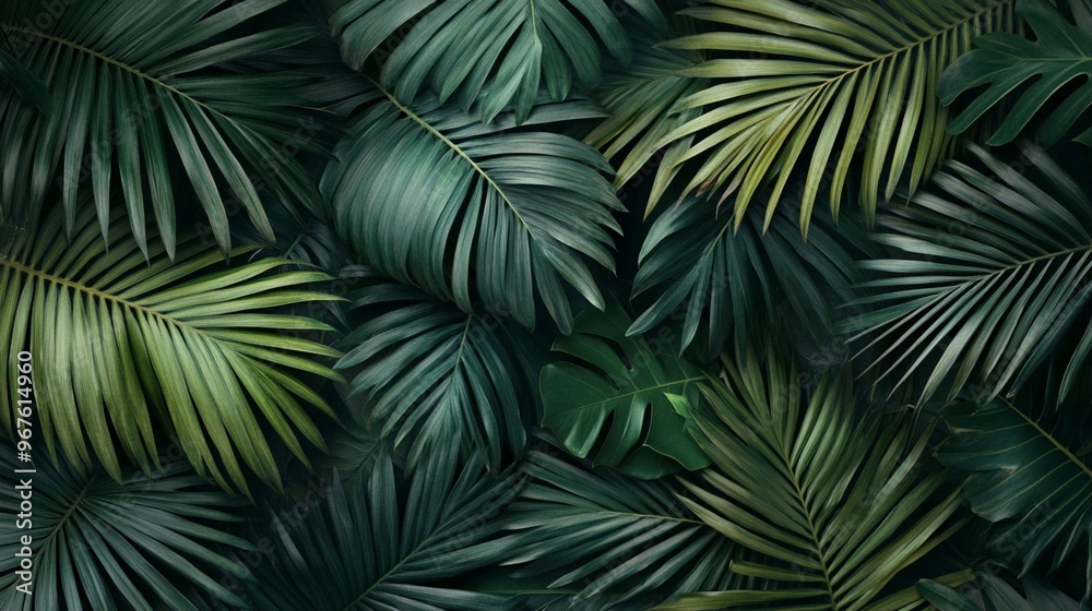 Lush tropical palm leaves create a dense, exotic backdrop in shades of deep green and vibrant yellow-green, evoking a sense of mystery and natural beauty. Lush tropical palm leaves create a dense, exotic backdrop in shades of deep green and vibrant yellow-green, evoking a sense of mystery and natural beauty.