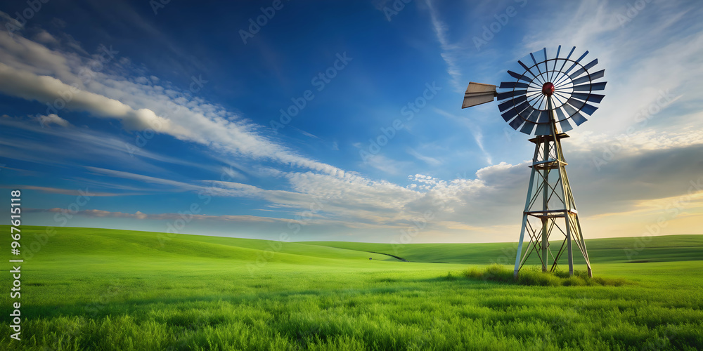 Windmill spinning in a green field, wind energy, countryside, traditional, renewable, nature, farm, agriculture Windmill spinning in a green field, wind energy, countryside, traditional, renewable, nature, farm, agriculture