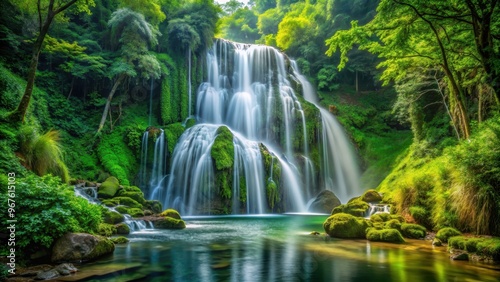 Spectacular waterfall cascading through lush green forest, waterfall, landscape, nature, scenic, beautiful, serene