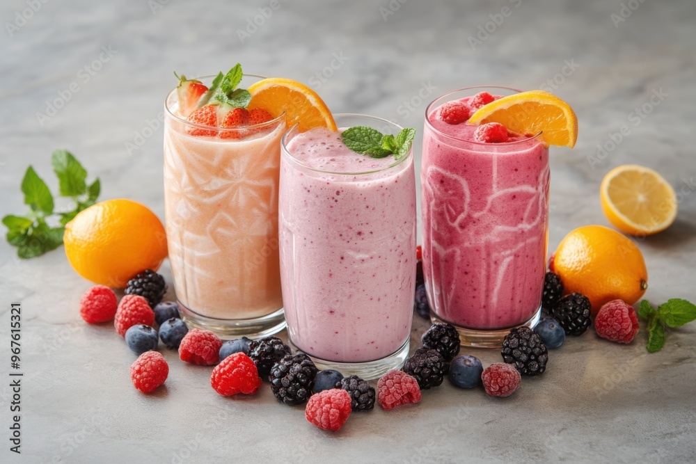 Assorted berry and citrus smoothies with fresh fruits Assorted berry and citrus smoothies with fresh fruits