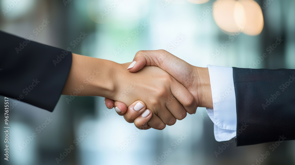 A close up of businesswomans hand firmly shaking mans hand, symbolizing partnership and agreement in professional setting. image conveys sense of collaboration and trust A close up of businesswomans hand firmly shaking mans hand, symbolizing partnership and agreement in professional setting. image conveys sense of collaboration and trust