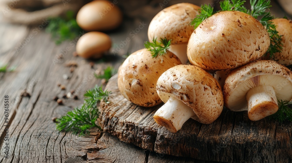 Group of fresh mushrooms arranged on a rustic wooden surface Group of fresh mushrooms arranged on a rustic wooden surface