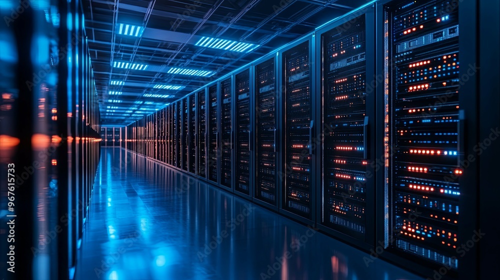 A Row of Server Racks in a Data Center Lit with Blue and Red Lights A Row of Server Racks in a Data Center Lit with Blue and Red Lights