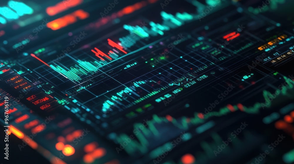 Dynamic digital stock market data display with vivid colors and graphs indicating trends and fluctuations in financial analytics. Dynamic digital stock market data display with vivid colors and graphs indicating trends and fluctuations in financial analytics.