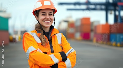 Une ouvrière souriante avec une veste de sécurité et un casque de protection orange, debout dans un port avec des conteneurs et des grues de chargement à l'arrière-plan. photo