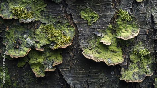 A close-up of a tree's bark, with moss and small mushrooms growing along its rough surface, showing the texture and life within photo