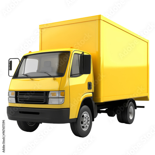 Bright yellow delivery truck parked on the street, cut out transparent