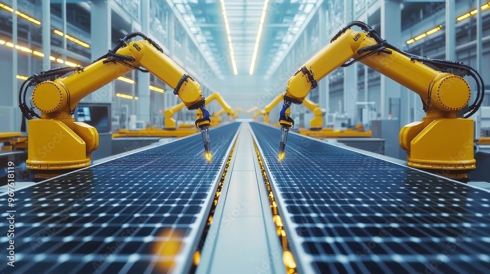 A wide shot of a solar panel assembly line at a modern factory, with ...