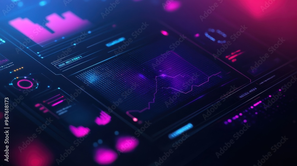 Futuristic data visualization dashboard with vibrant colors, graphs, and stats for digital analysis and business intelligence. Futuristic data visualization dashboard with vibrant colors, graphs, and stats for digital analysis and business intelligence.