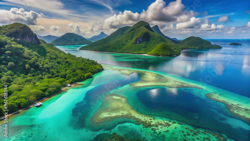 Aerial view of lush tropical island Bohey Dulang, Malaysia , Bohey Dulang, tropical, island, aerial view, Sabah photo